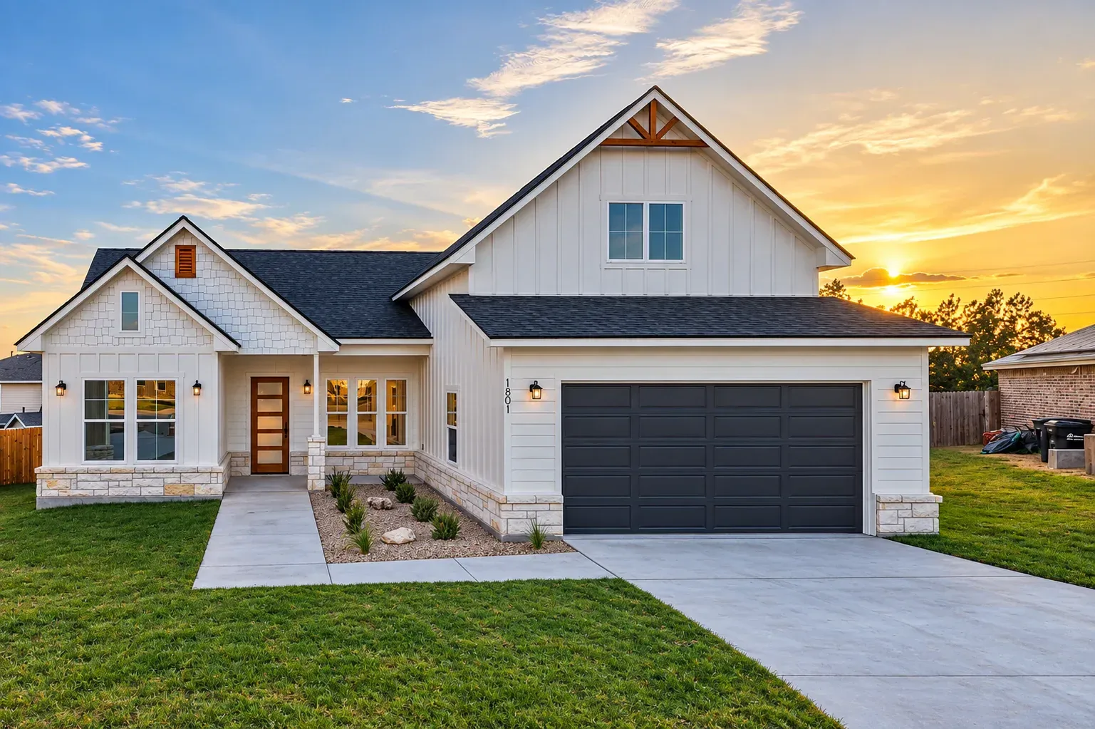 Twilight exterior of a new construction home