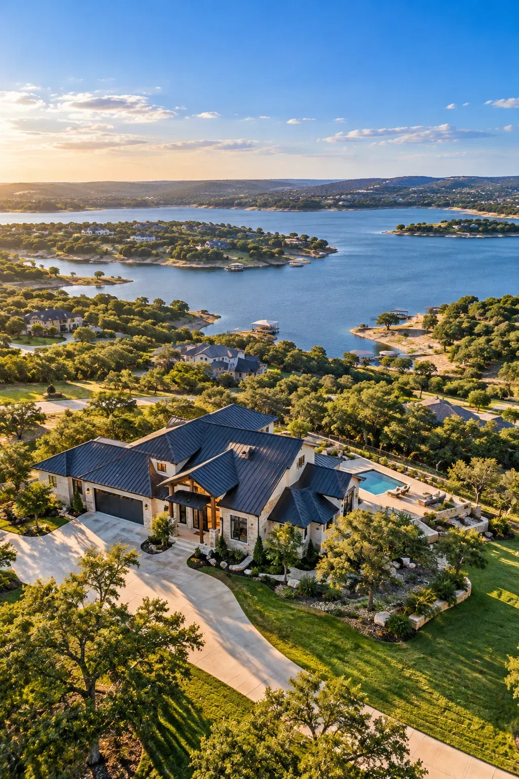 Aerial view of a lakefront home, pool, and surrounding hills