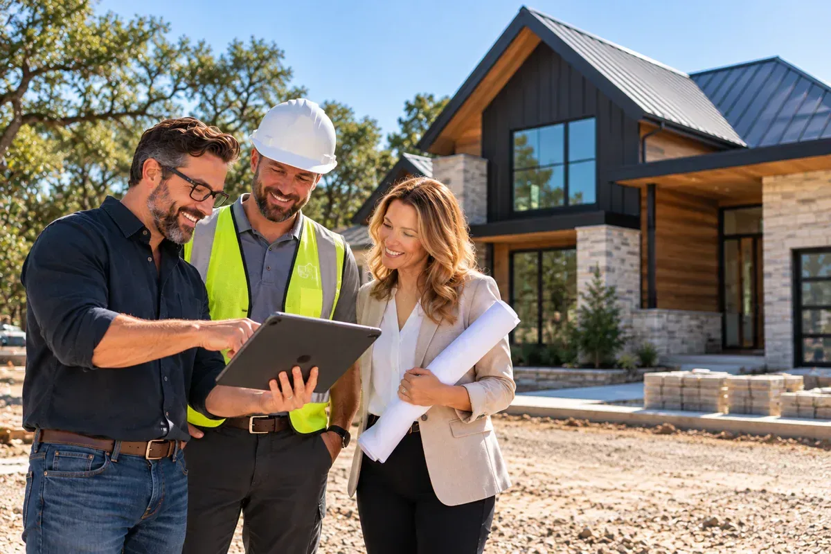 Builder, contractor, and designer reviewing plans at a new home construction site