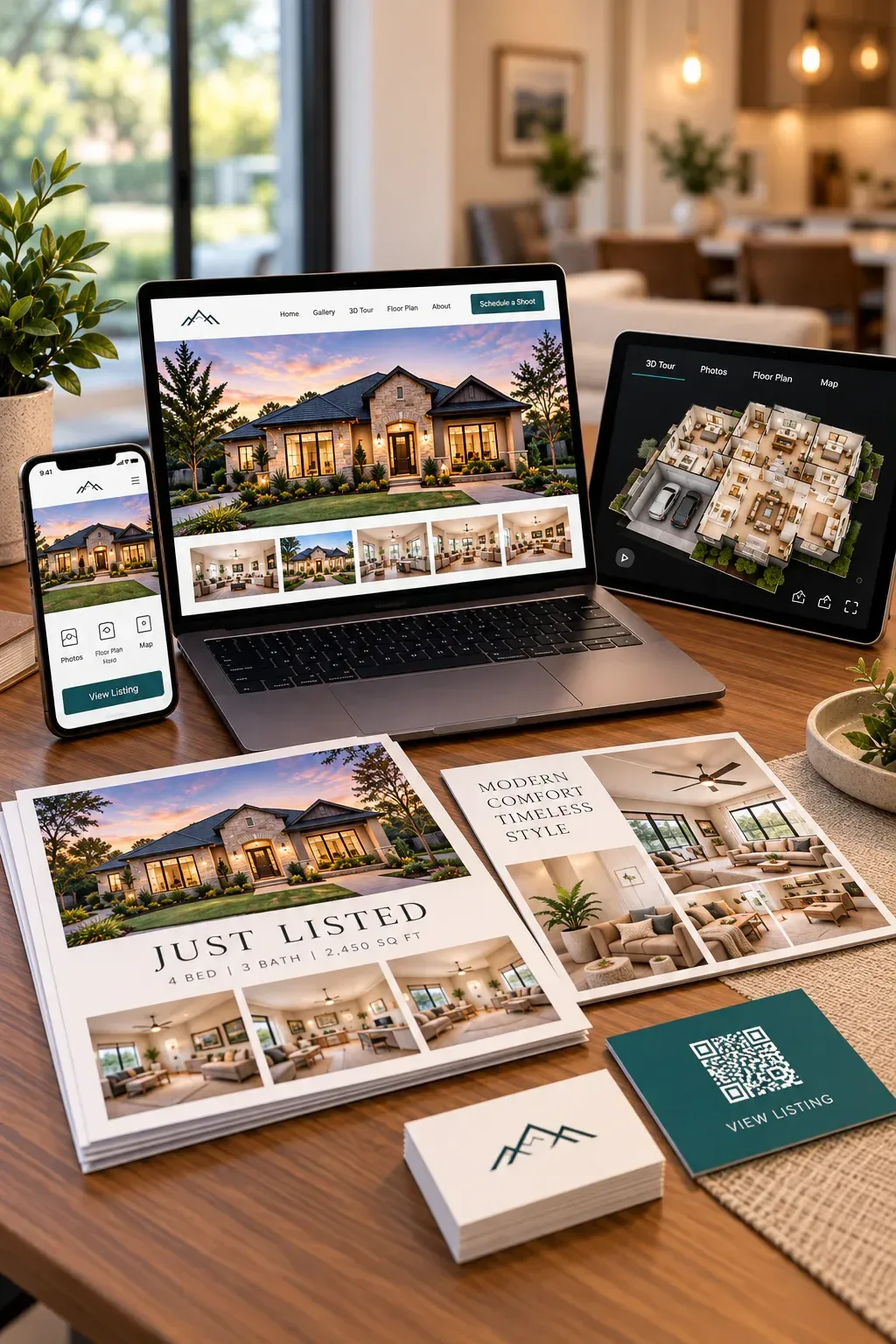 Listing website, brochure, and phone displayed as property marketing materials