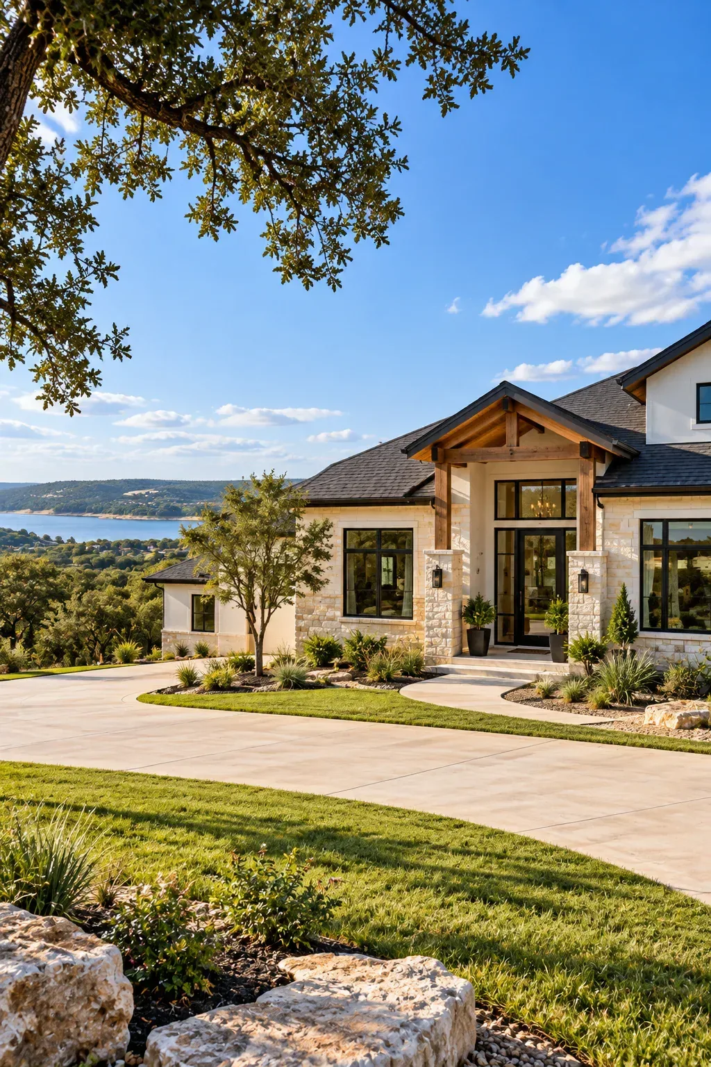 Stone and stucco home exterior photographed beside a curved driveway