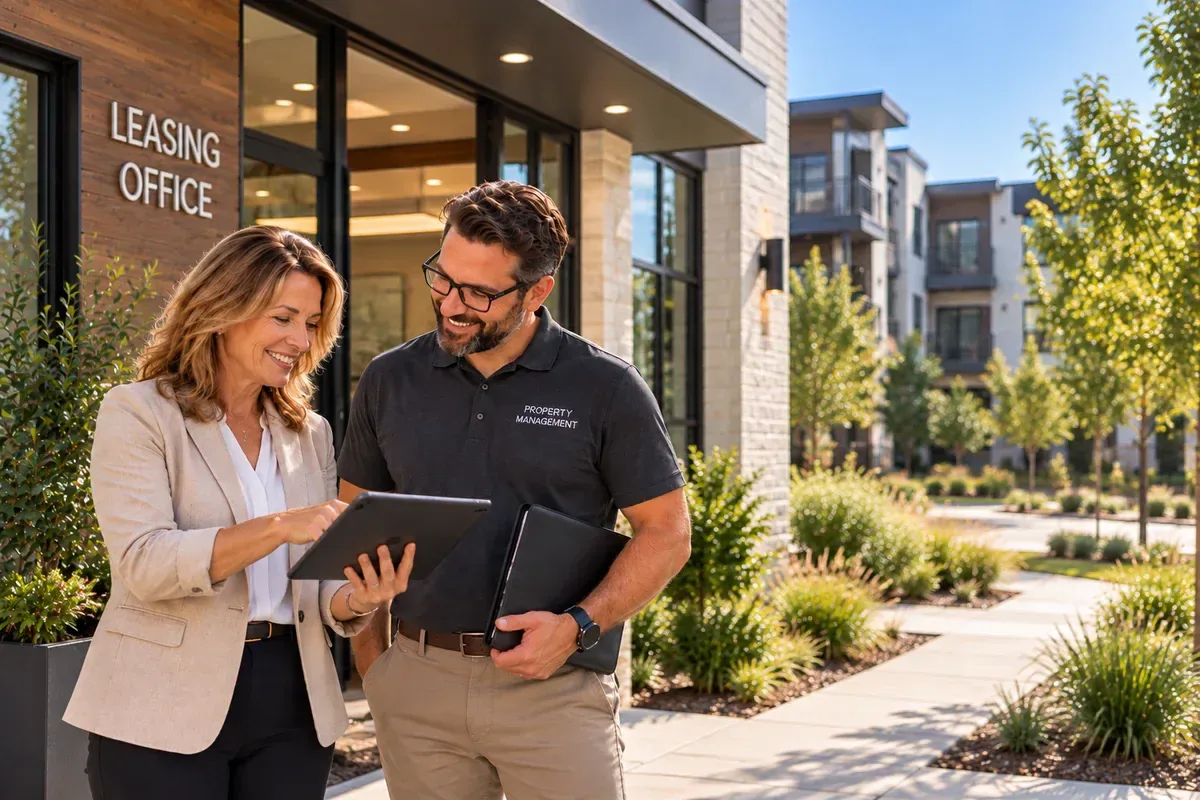 Property manager and colleague reviewing a tablet outside a leasing office