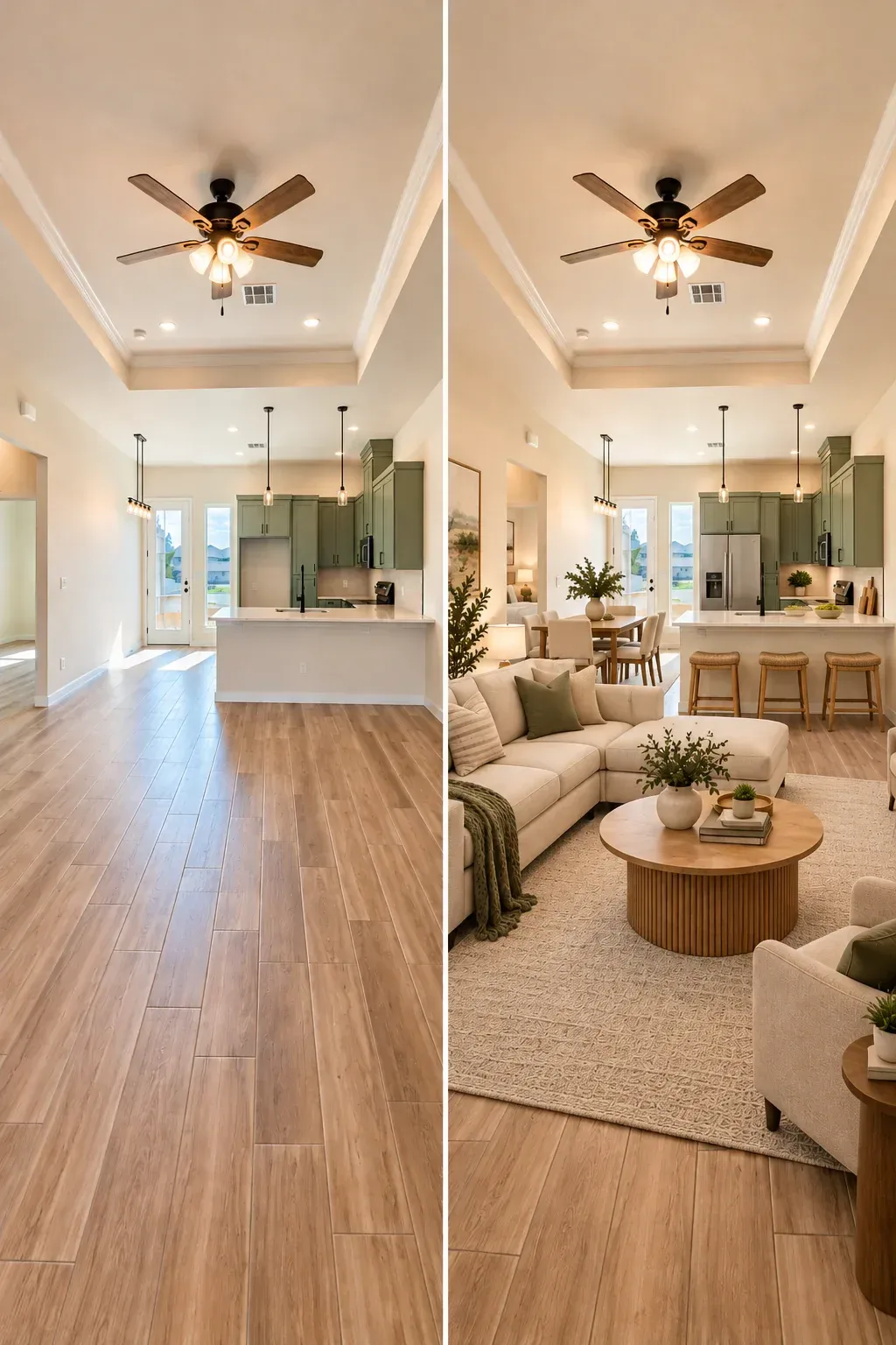 Empty living room shown beside the same room after virtual staging