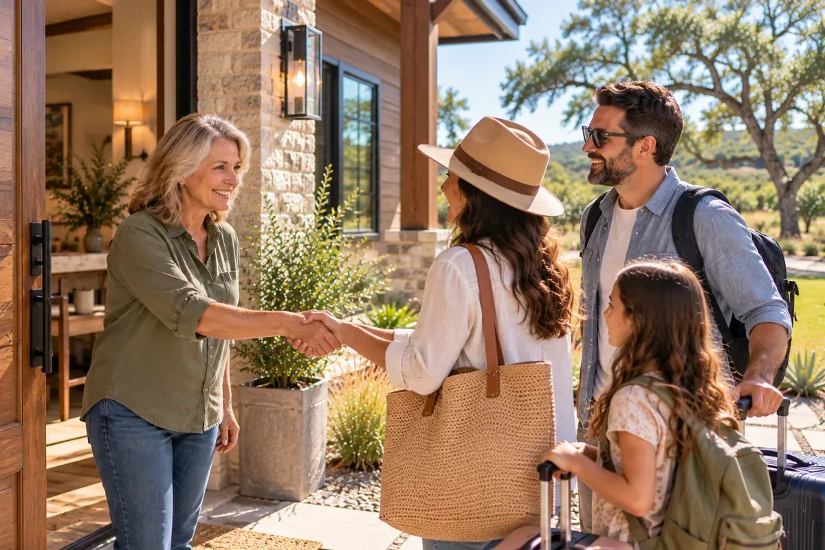 Host greeting arriving guests with luggage at a stone home entrance