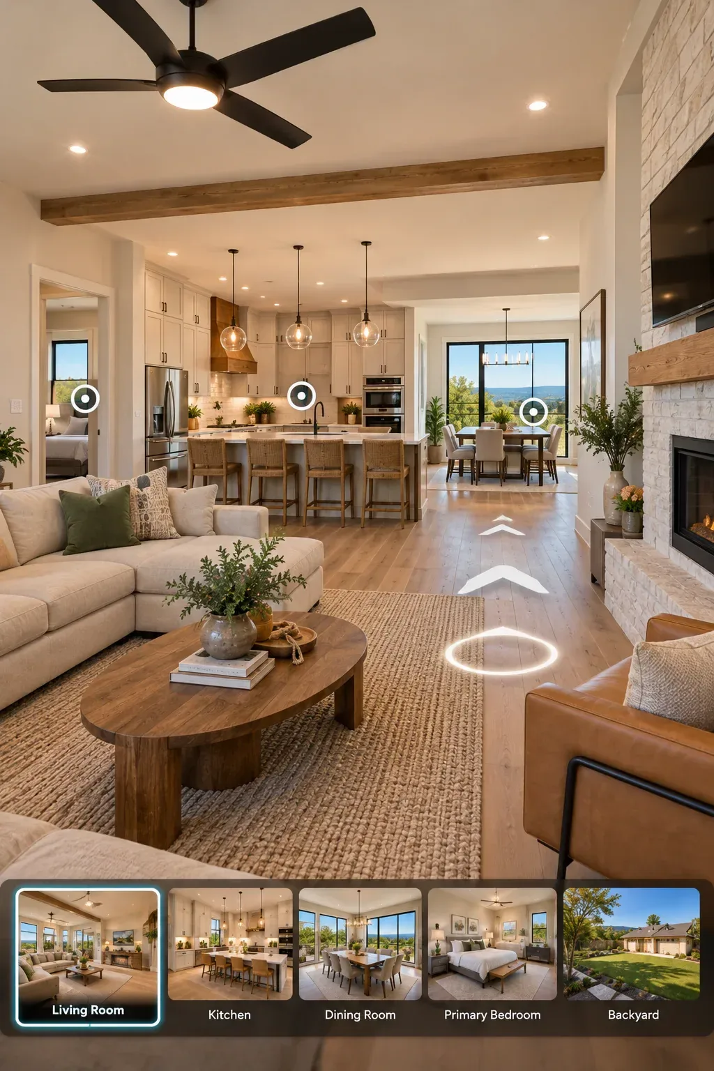Living room interior shown inside an interactive 3D tour
