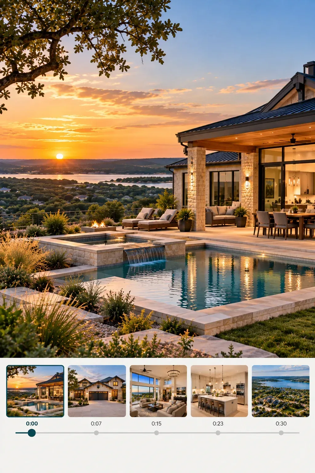 Sunset pool and patio shown in a property video with scene thumbnails